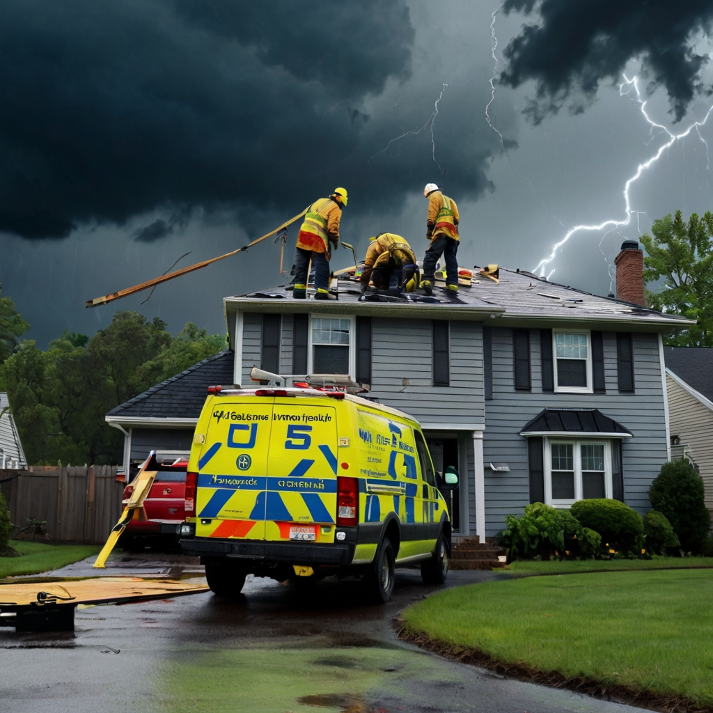 Roofer making an emergency repair on a storm damaged residential roof in New Jersey