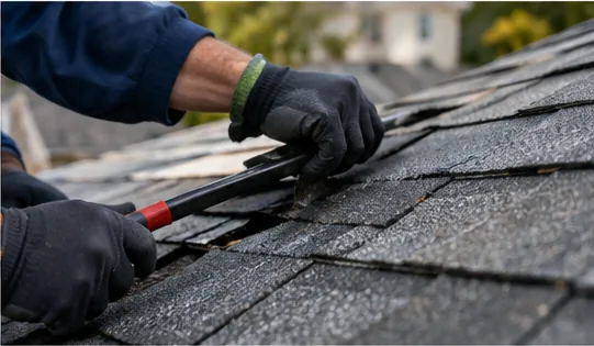 Roofer lifting damaged shingles with a pry bar to make a repair