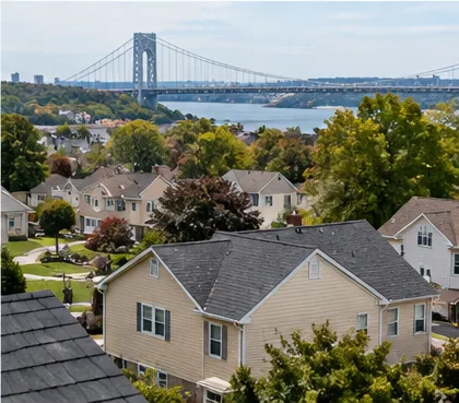Rows of residential roofs in a New Jersey neighborhood near the Hudson River