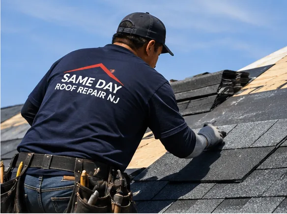 Roofer installing new asphalt shingles on a New Jersey home