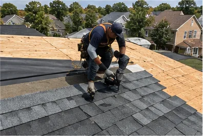 Roofer installing shingles over new underlayment