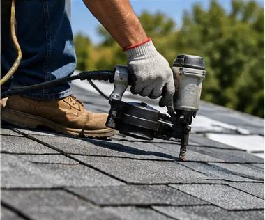 Roofer fastening shingles with a nail gun