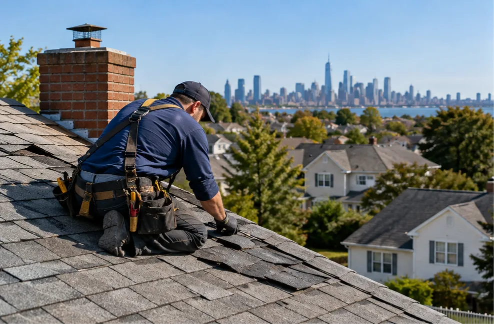 Roofer repairing shingles next to a brick chimney on a New Jersey home