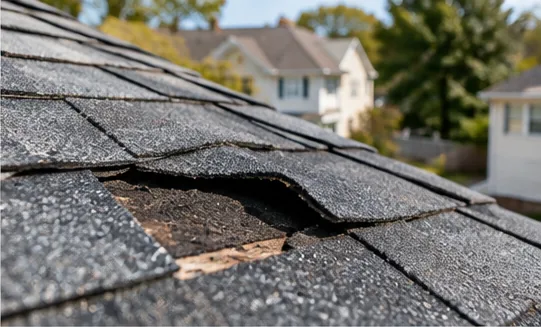 Torn asphalt shingle exposing the roof decking underneath