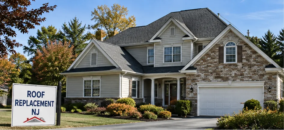 Two story New Jersey home during a roof replacement